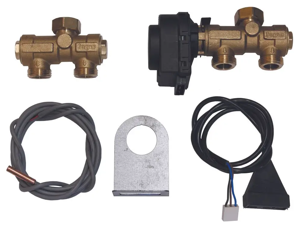 Anschlussset für Warmwasseranwendungen mit einem Umschaltventil. Teile: Ventil, Sensor, Kabel und Montageschablone. Geeignet für Systeme von Vaillant.